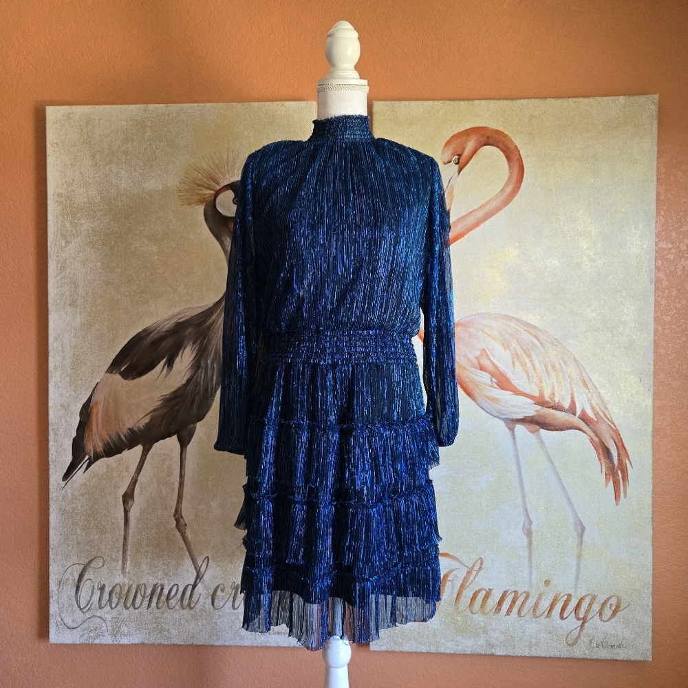 Sam and Jess Tiered Mini Dress Long Sleeve Turtleneck Shimmer Iridescent Blue XL